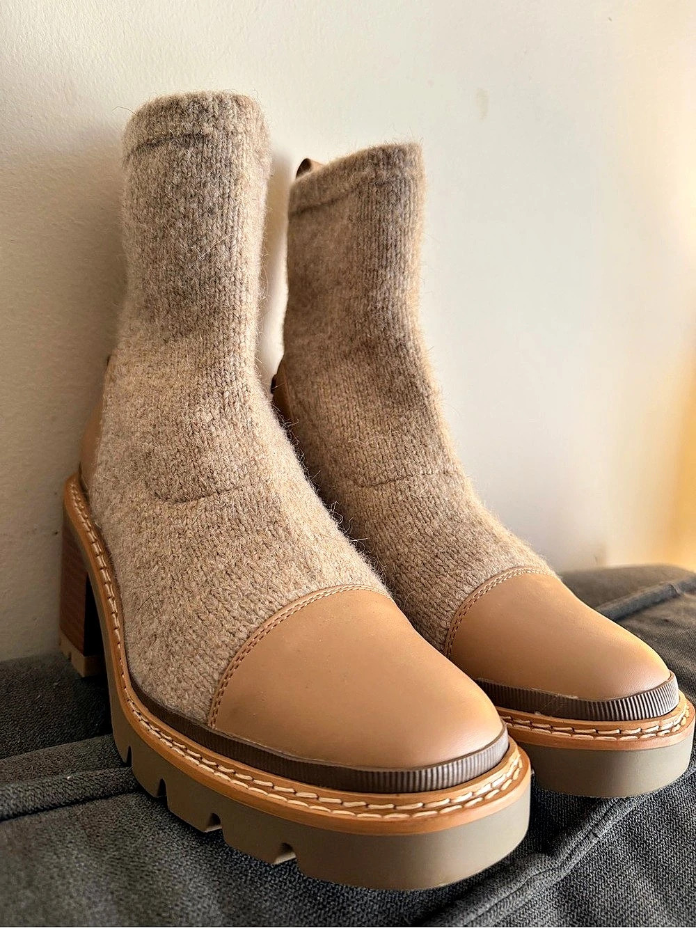 Knit Ankle Boots in Brown & Cream Like New
